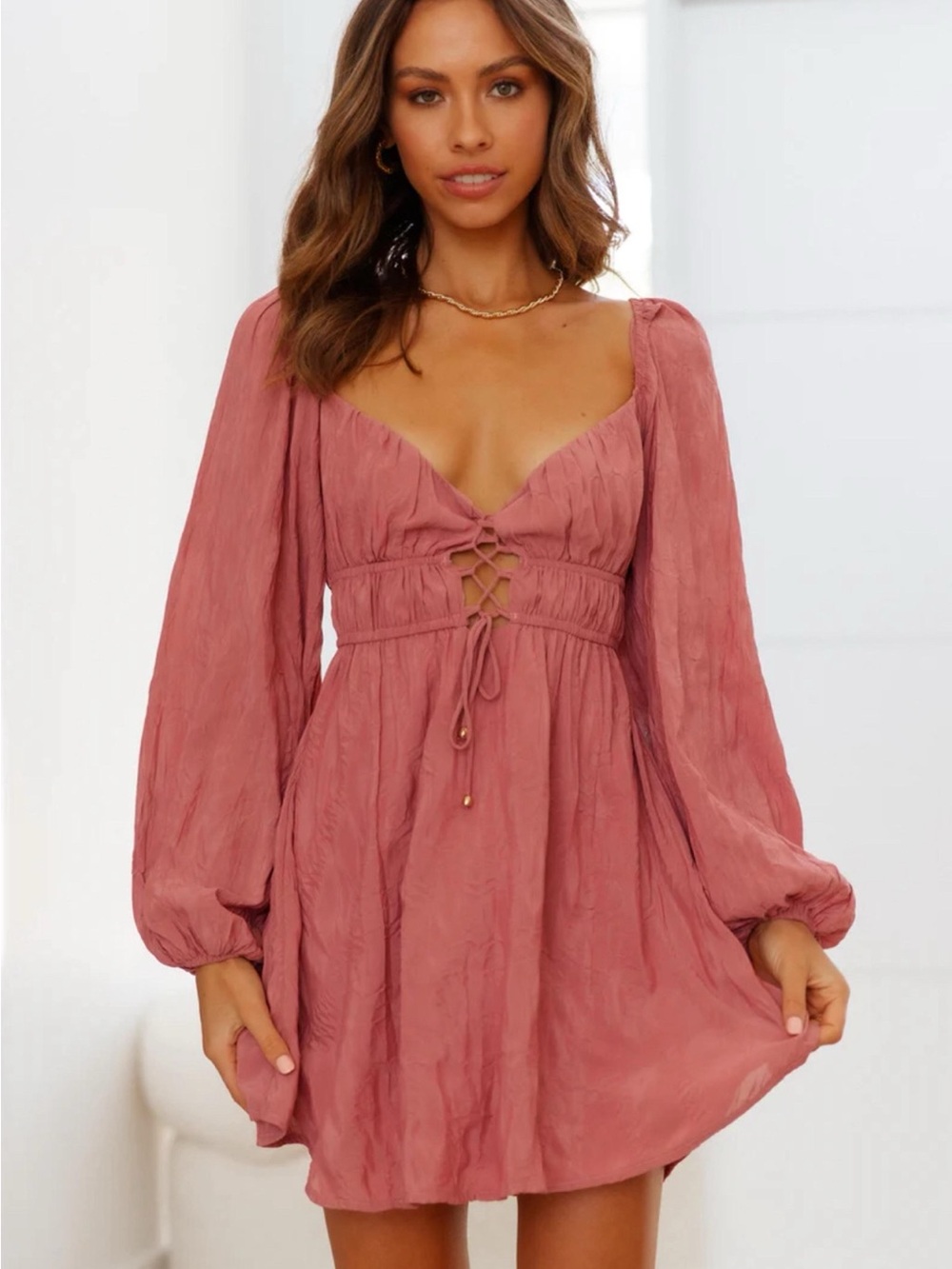 Mauve Lace-Up Empire Waist Mini Dress